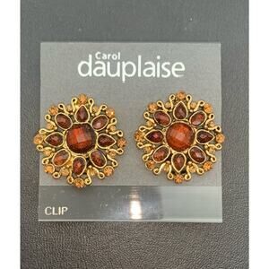 Vintage Carol Duplaise Gold Tone And Dark Amber Rhinestone Clip On Earrings